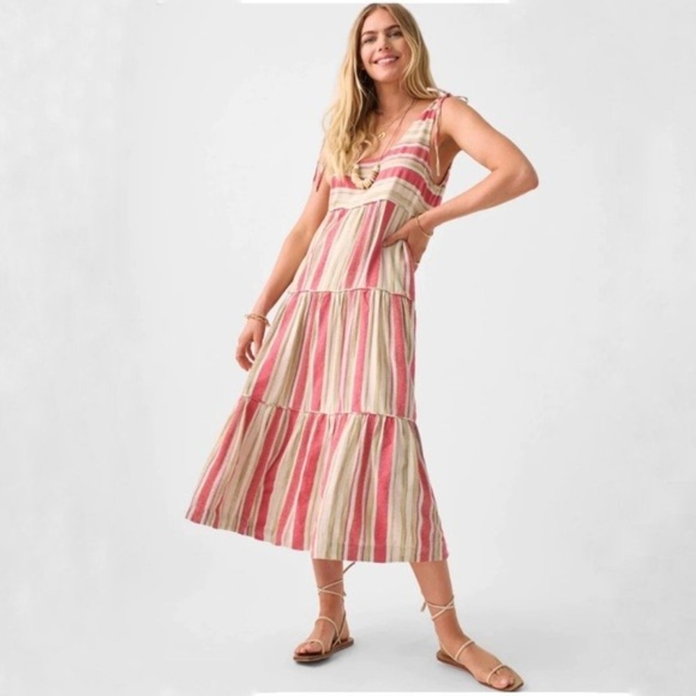 Faherty Tiered Midi Dress Womens Large Pink Green Striped Cotton Linen Blend